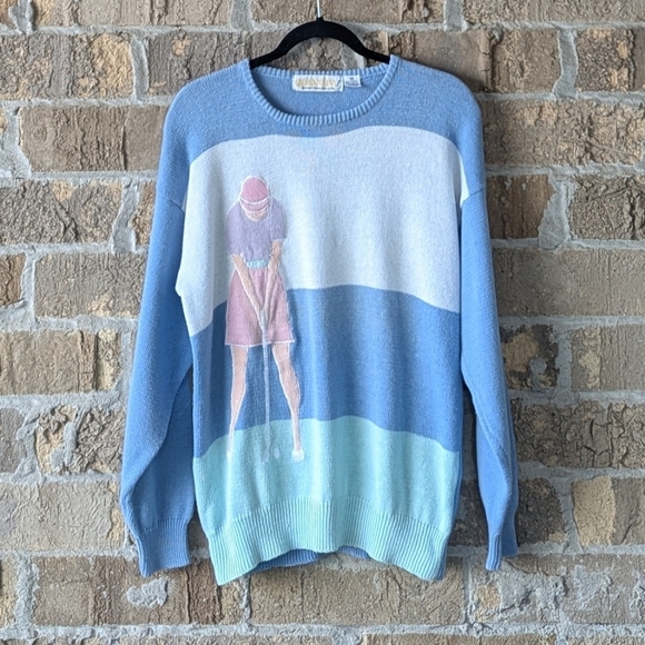 VTG 80’s Quantum Sportswear Golf Sweater Patchwork Pastel Woman Golfer Medium - Picture 1 of 8